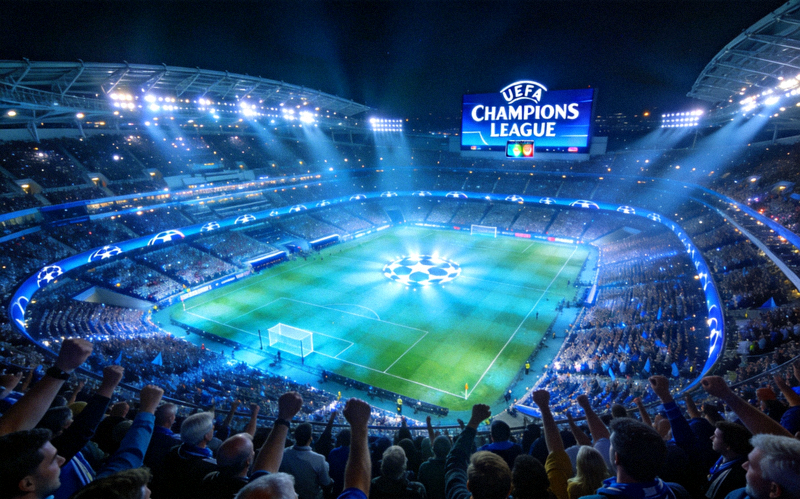 欧冠联赛赛场全景 - 夜晚灯光下座无虚席的宏伟体育场